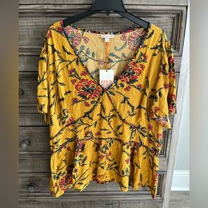 NWT Women’s Plus KNOX ROSE Yellow Floral Dressy Flutter Sleeve Blouse (2X)